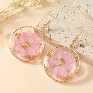 Women's Gold Metal Circular Pink Floral Flower Hanging Dangling Earrings